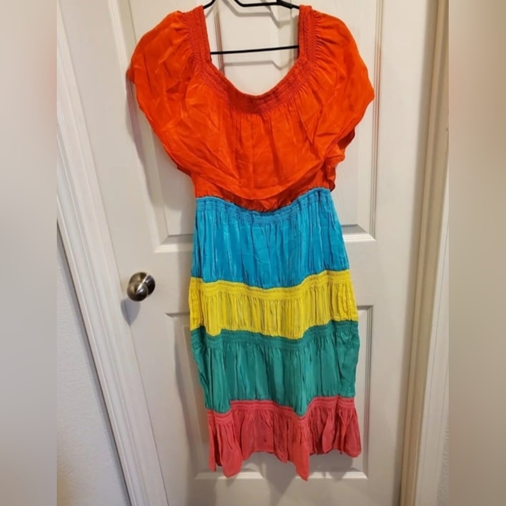 Alice + Olivia Kia Smocked Rainbow Cold-Shoulder Dress Size 10 - Picture 9 of 12